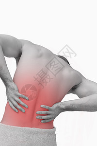 背部疼痛的无上衣男子的近视卫生男性男人双手背痛保健躯干红色肌肉身体图片
