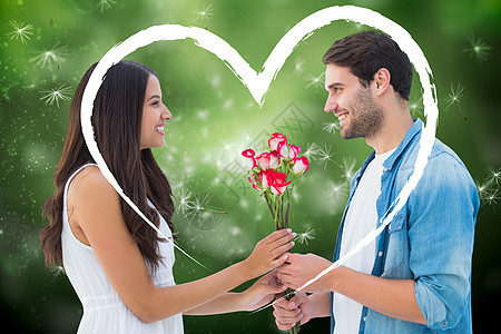喜悦的潮人给女朋友送玫瑰的复合形象绘图种子计算机夫妻快乐衬衫混血休闲礼物长发图片