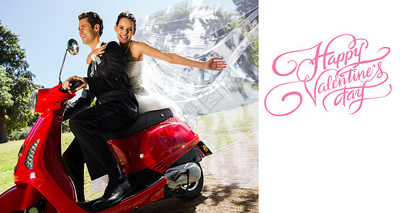 新婚夫妇享受摩托车搭车的复合图像夫妻幸福联盟面纱男人旅行自由新娘丈夫婚姻图片