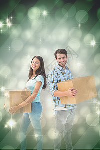 幸福的年轻夫妇与移动盒复合图像Name计算机蓝色混血衬衫地面男朋友头发快乐格纹男性图片