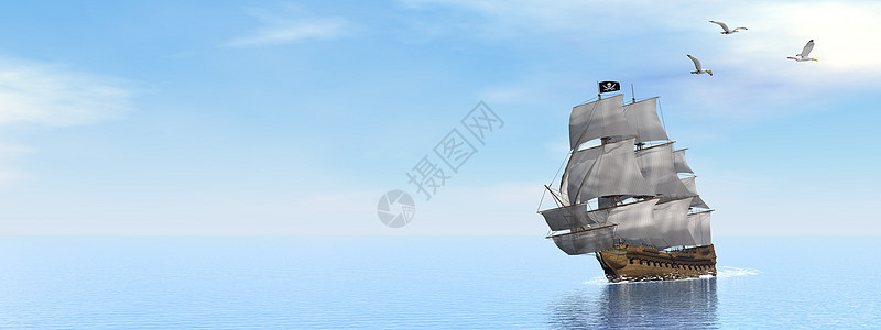3D型海盗船勘探飞行旅行桅杆航海动物帆船插图蓝色海洋背景图片