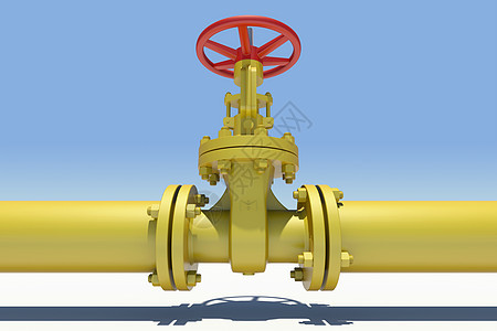 黄色工业阀门和有影子的管道天空车轮控制导管蓝色管子天然气白色金属气体图片