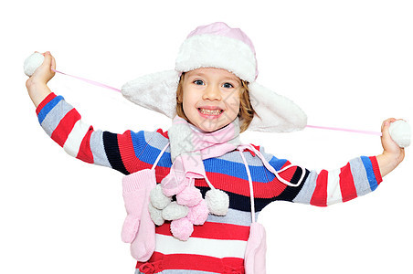 快乐的冬天女孩衣服面孔帽子快乐毛皮婴儿手套女孩孩子喜悦图片