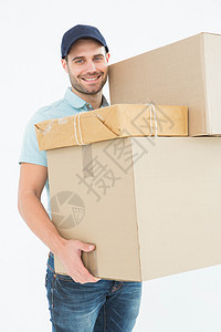 带纸板盒的  快乐送货员邮递员接收运输工作船运服务快递体力劳动者男人微笑图片