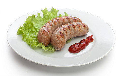烤香肠白色绿色肉制品食物隔断美食红色盘子油炸烧烤背景图片