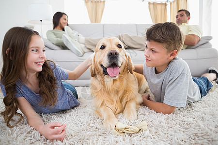 兄弟姐妹在地毯上抚摸着狗 而父母则在沙发上放松图片