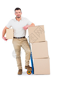带车箱的送货员职业体力劳动者导游盒子接收幸福服务送货邮递员工人图片
