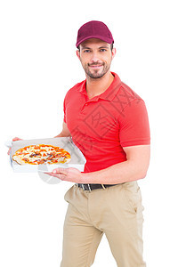 送货员展示新鲜比萨饼微笑食物饮食快递职业服务诱惑男人工人制服图片