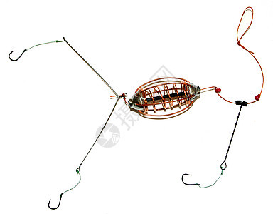 钓鱼和钓鱼线的进食器 白上隔着钩子图片