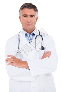认真的医生看镜头工作服男人双臂医疗服务从业者实验职业男性专家图片