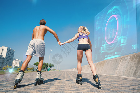 搭配情侣滚滚车的复合图像 在赛道上阳光锻炼计算长廊电脑运动蓝天饮食男人蓝色图片