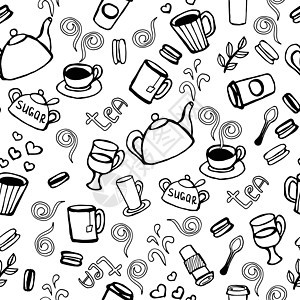 茶和咖啡无缝背景插图派对早餐咖啡店时间甜点茶壶涂鸦厨房餐厅图片