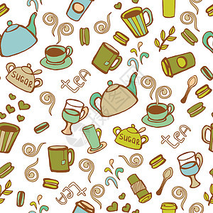 茶和咖啡无缝背景馅饼甜点饮料插图食物杯子餐厅时间面包涂鸦图片