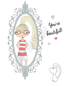 年轻女孩用猫看镜子 你是个美丽的信息 矢量插图 (Y 我)图片
