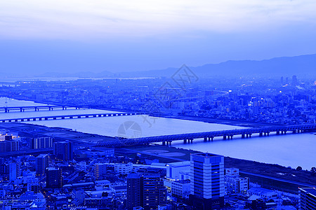 日本城市大阪夜景天际地标办公室市中心摩天大楼景观天空城市蓝色观光背景