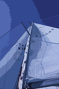 从下面的甲板上看到游艇帆和护航天空风帆钻机帆船索具桅杆运动航行波浪白色背景图片