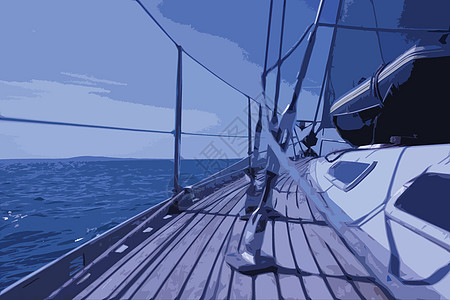 海上游艇航行的弯曲茶台甲板地平线钻机索具柚木木头护栏帆船海洋图片