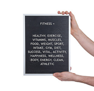 在非常老旧的菜单板上塑料字母中的适合性概念菜单活力框架海报练习健身房收藏重量培训师男人图片