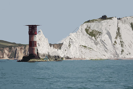 红色和白条纹灯塔 在针头在宁静的导航地标海洋房子小岛海岸粉笔援助悬崖白色图片