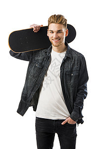 带滑板的年轻人白色潮人男生滑冰青少年溜冰者时尚乐趣木板发型图片