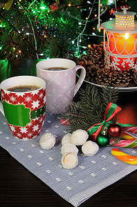 圣诞节装饰甜甜加咖啡杯糖果椰子奶油状糕点晶圆奶油咖啡灯笼饮料装饰背景