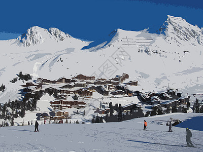 滑雪度假村La Plagne村的全景滑雪山脉青鸟天空高山丘陵农村场景寒冷蓝色图片