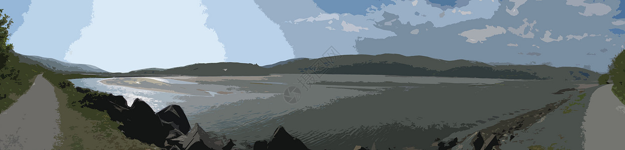 Mawdach轨迹全景 沿河口运行踪迹乡村天空公园铁路雪墩国家蓝色环境场景图片