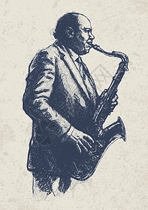 Jazz音乐家注册横幅绘画蓝色音乐会草图嗓音萨克斯手黄铜乐器图片