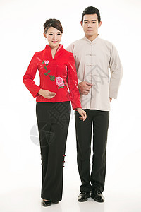 白色背景面前穿着中国服装服务员的服饰咖啡全体迎宾女孩工作室员工女性棉袄职业服务背景图片