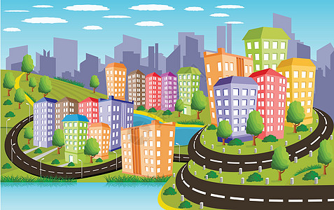 色彩多彩的城市摩天大楼插图办公室建筑场地景观旅行天际枞树卡通片图片
