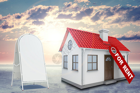白色房子 贴着租金 红色屋顶 烟囱和人行标志标签 背景阳光明亮图片