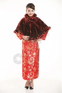 白色背景面前穿着中国服装服务员的服饰迎宾戏服员工旗袍咖啡女性食物女孩酒吧工作背景图片