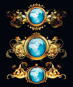 世界框架集行星插图卷曲圆圈土地蓝色标签叶子地球背景图片