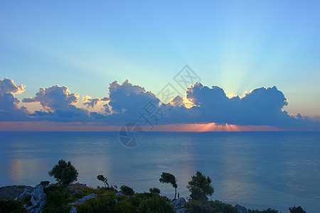 地中海上空的太阳升起地平线植物海岸石头天空图片