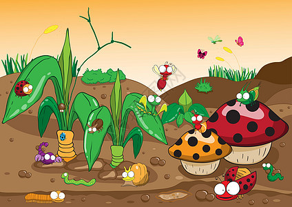 昆虫在地上和树上的家庭 昆虫的漫画和蔬菜图片