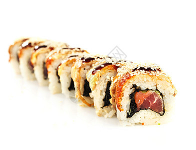 寿司卷文化小吃产品美食白色海藻午餐芝麻寿司海鲜背景图片