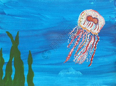 水晶鱼涂料触手插图热带水族馆海洋生活动物群绘画生物艺术图片