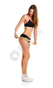 快乐运动的女子 美大腿完美身材优美弹性公制运动尺寸肥胖厘米数字锻炼重量腰部图片