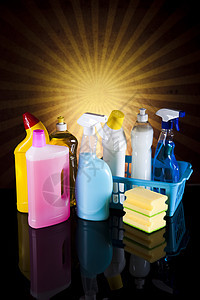 清洁产品和阳光 家庭工作丰富多彩的主题手套海绵服务洗涤商品刷子瓶子团体塑料化学品图片