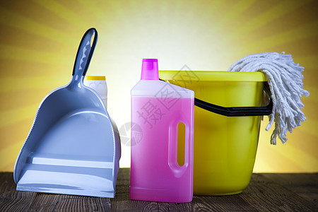清洁产品和日落 家庭工作丰富多彩的主题卫生液体洗涤手套塑料瓶子刷子团体房子洗手间图片