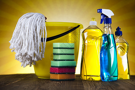 清洁产品和日落 家庭工作丰富多彩的主题卫生消毒液体瓶子服务工具刷子化学品海绵消毒剂图片