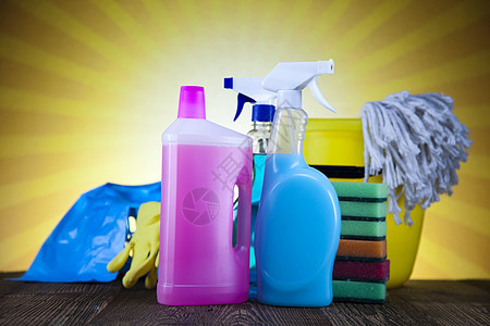 清洁设备和太阳 家庭工作丰富多彩的主题洗涤剂手套刷子橡皮液体工具房子团体洗手间商品图片