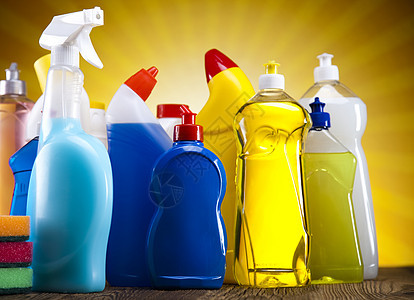 清洁产品 家庭工作丰富多彩的主题海绵卫生化学品液体房子刷子商品瓶子消毒塑料图片