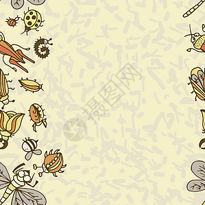 可爱的卡通昆虫边界图案 夏季概念背景乐趣甲虫卡通片插图艺术墙纸树皮蟑螂毛虫蝴蝶背景图片