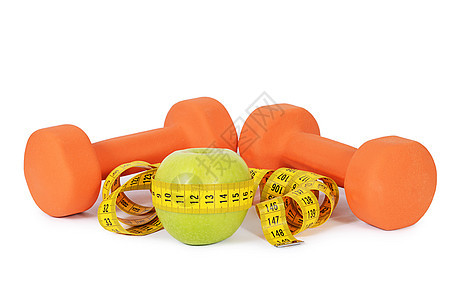 与哑铃隔离的测量磁带食物节食健康力量白色水果营养金属饮食橙子图片