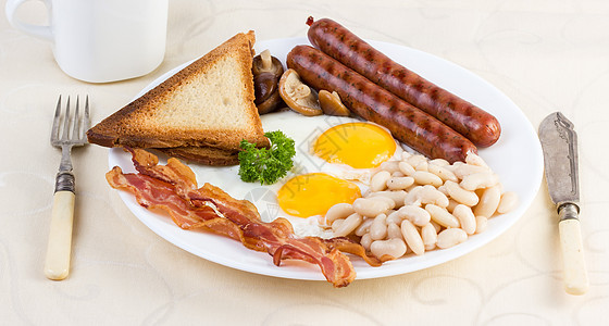 英式早餐育肥桌子面包熏制盘子咖啡猪肉熏肉服务豆子图片