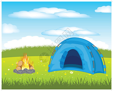 草地上的帐篷草本植物生态蓝色插图空地营火天空大火休息旅游图片
