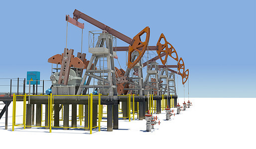 白色平面上的油泵原油抽油机工业蓝色黑色植物天空石油燃料油田背景图片