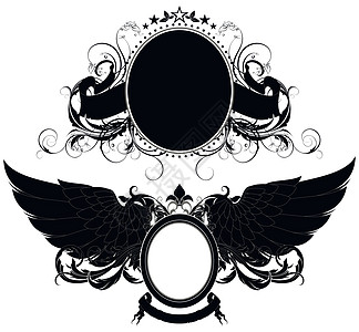 一套装饰性预告元素纹章插图风格白色翅膀装饰树叶框架标签黑色图片