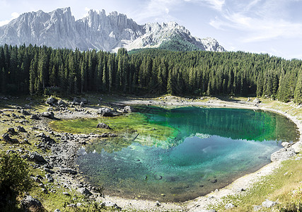 Carezza湖和Latemar山假期旅游芹菜岩石栅栏松树高山木头晴天反射图片